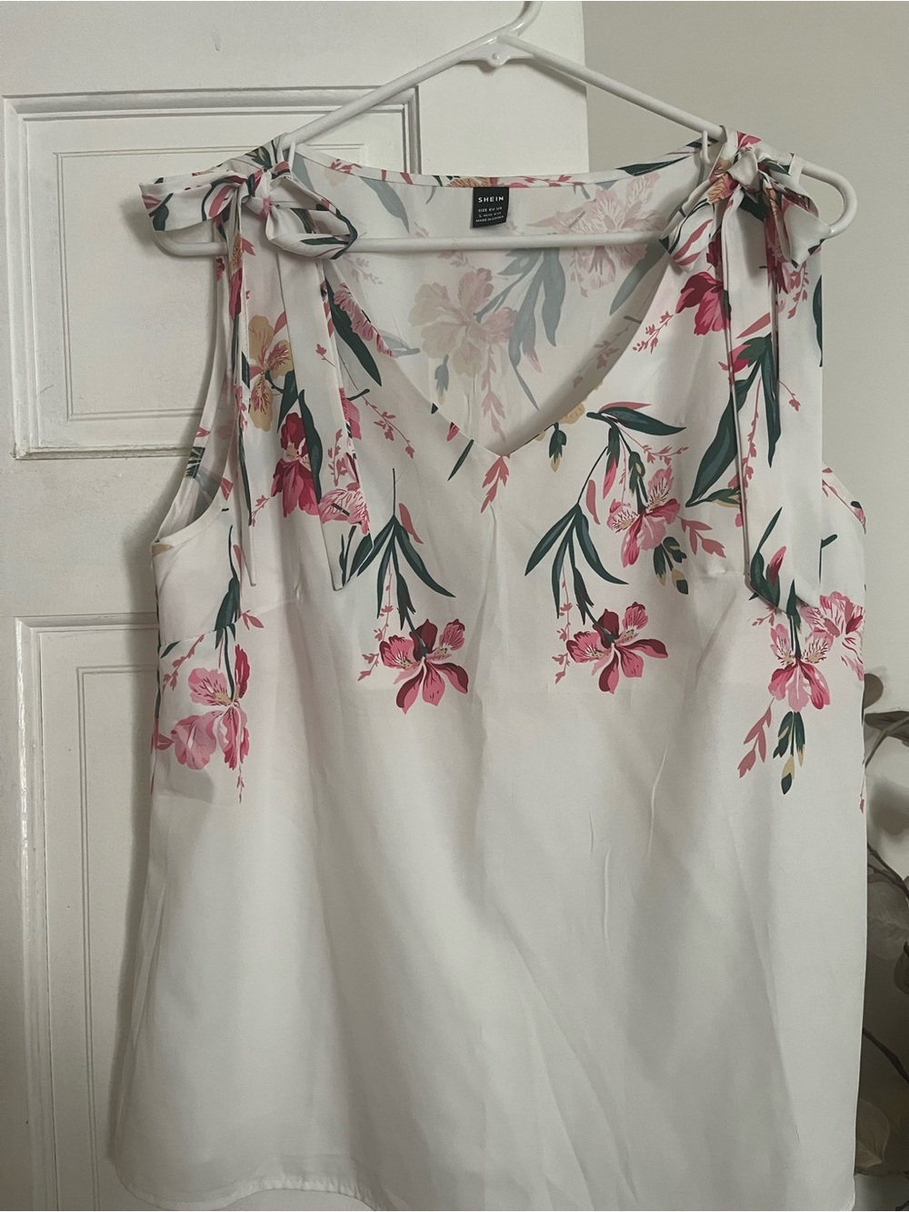 SHEIN White Tank Top with Pink & Green Floral Print
